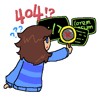 Cream, confused, trying to search through pages with a magnifying glass trying to find something, only for a red X to appear in front of her. The text above her says 404!?.